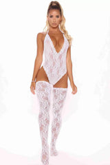 Beyaz Dantel Çoraplı Fantezi iç giyim Bodysuit