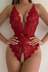 Fantazi Dantelli Özel Bölgesi Açık Kırmızı İç Giyim Body