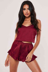 Fantazi Saten Şortlu Pijama Takım Bordo