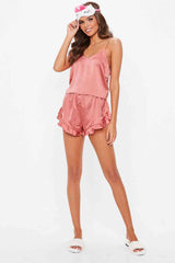 Fantazi Saten Şortlu Pijama Takım Pembe