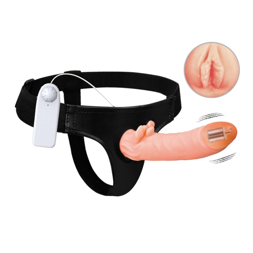 8 CM Dolgulu İçi Boş Titreşimli Belden Bağlamalı Vajinal Girişli Protez Penis Vibratör
