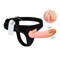 8 CM Dolgulu İçi Boş Titreşimli Belden Bağlamalı Vajinal Girişli Protez Penis Vibratör