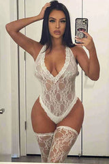 Beyaz Dantel Çoraplı Fantezi iç giyim Bodysuit