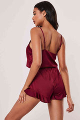 Fantazi Saten Şortlu Pijama Takım Bordo