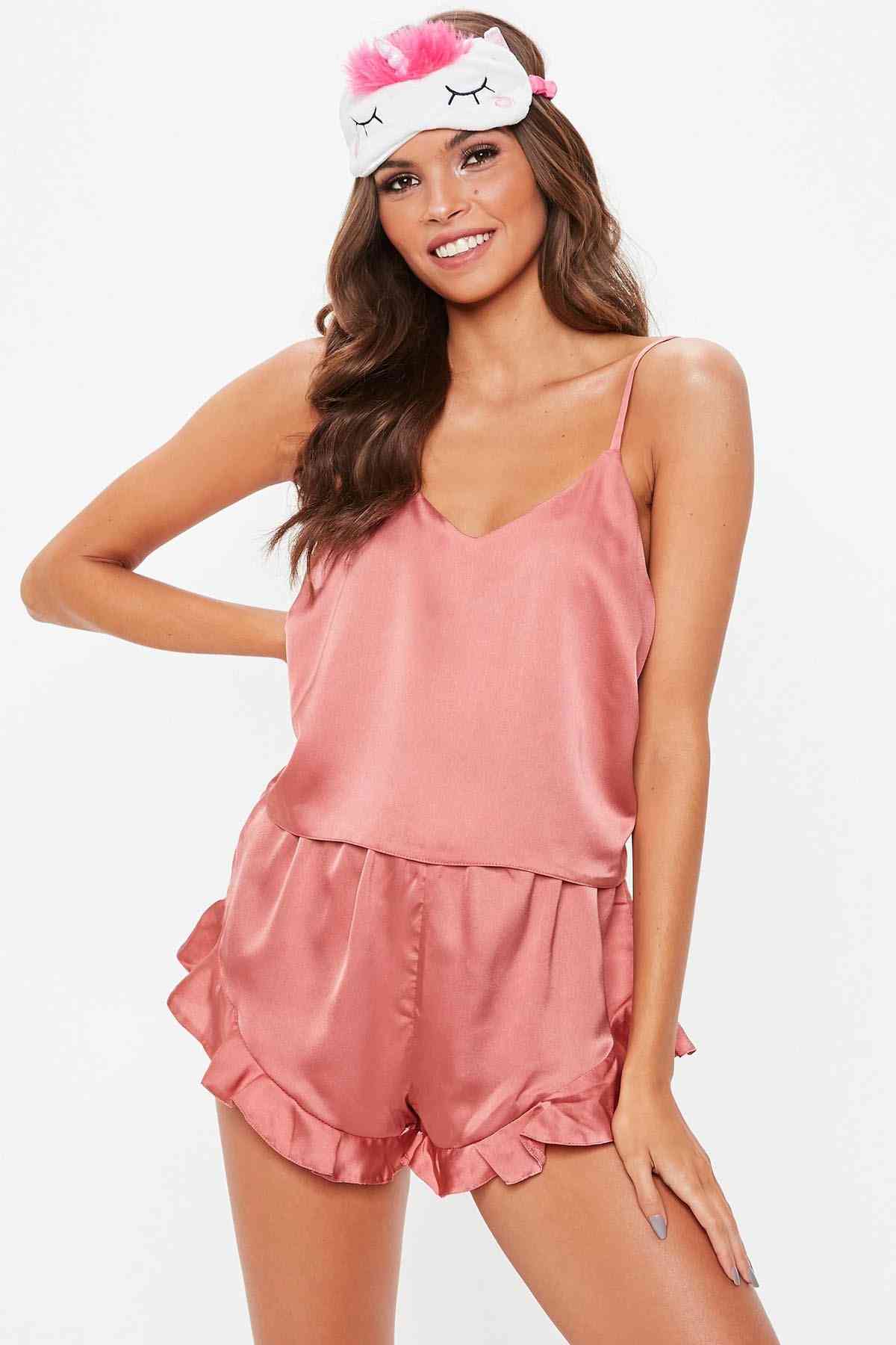 Fantazi Saten Şortlu Pijama Takım Pembe