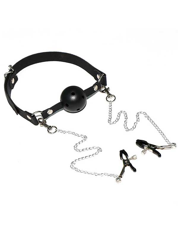 Ağız Topu ve Göğüs Klipsi | BDSM Başlangıç Seti | Ayarlanabilir Kemer