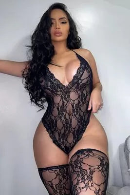 Siyah Dantel Çoraplı Fantezi iç giyim Bodysuit