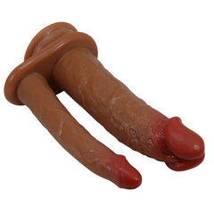 USB Şarjlı Çift Taraflı Titreşimli Ten Hassasiyetinde Et Dokulu Vantuzlu Realistik Çatal Penis Dildo Vibratör Melez